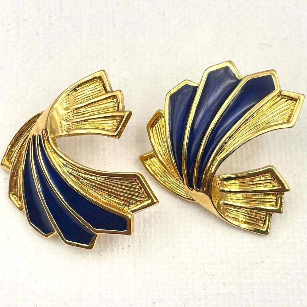 Vintage 80s Gold Tone Blue Enamel Art Deco Fan Stud Earrings Fashion Jewelry Y2K